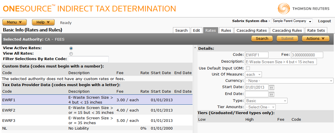 ONESOURCE Indirect Tax Determination Screenshot: Authorities Page > Rates Tab > Fee